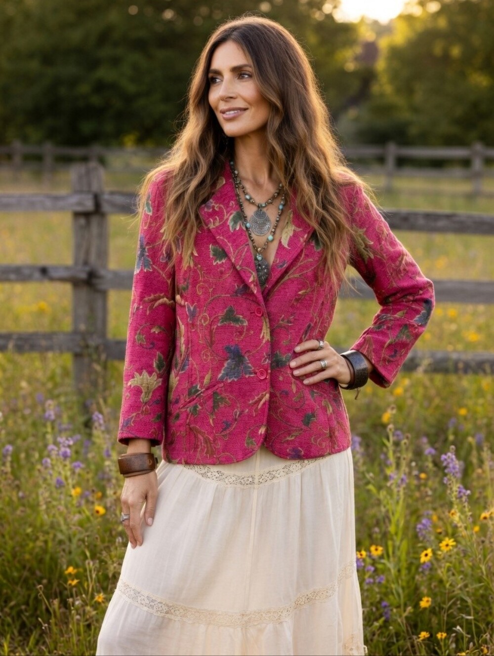 Vintage 90's Red Floral Tapestry Textured Button-Up Boho Blazer Jacket Size 14